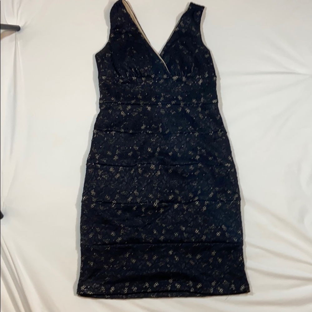 Black sleeveless lace dress.